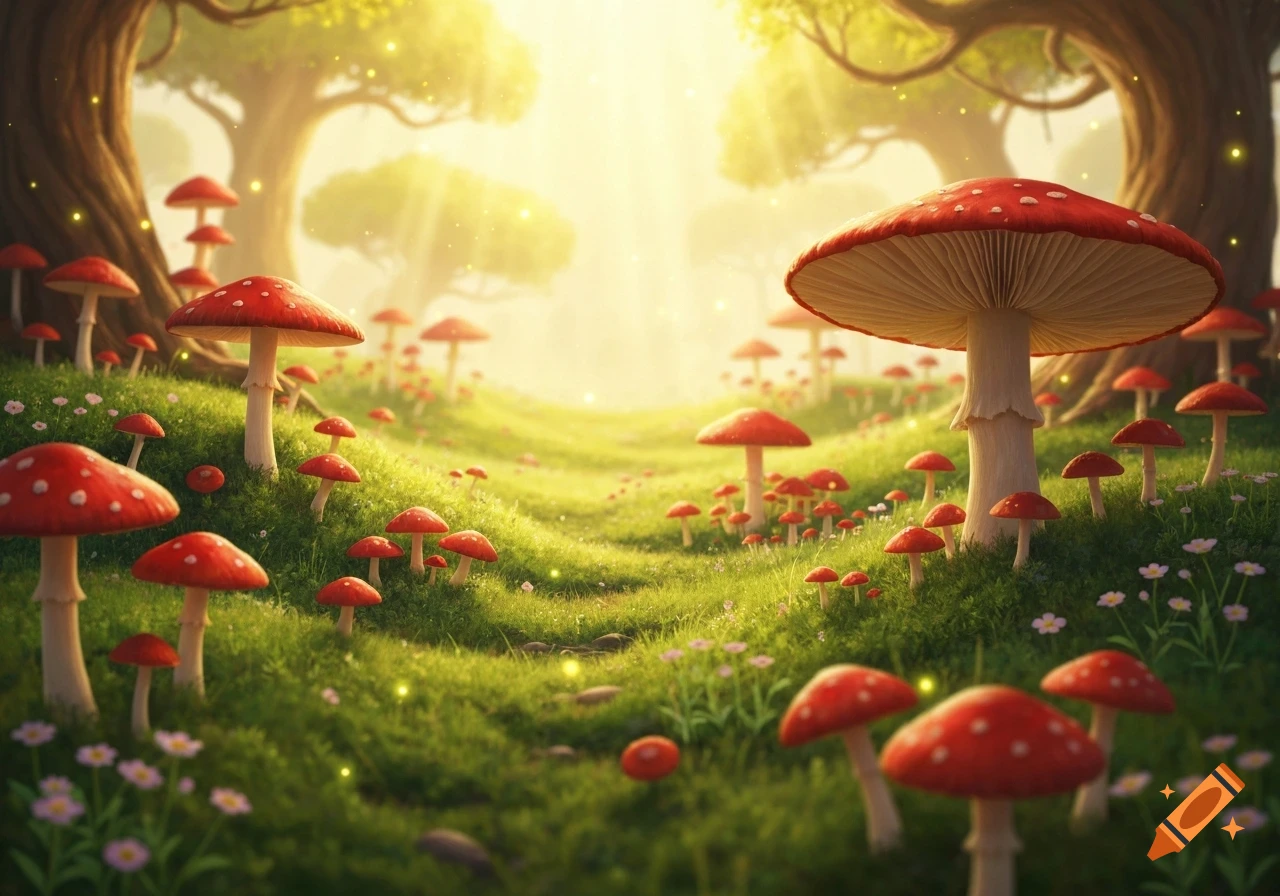A lush, sunlit path winds through a magical forest filled with numerous red-capped mushrooms and glowing lights, in a fairytale style.