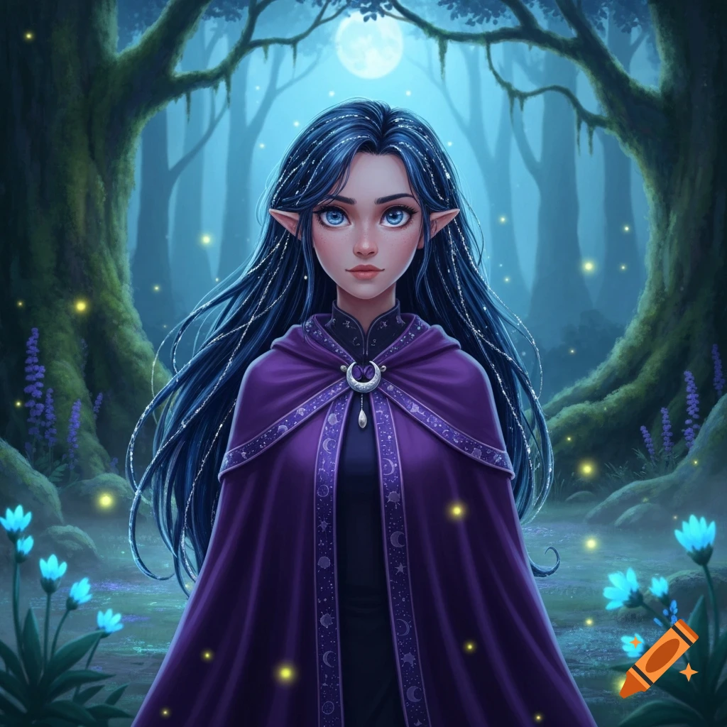 A blue-haired elf-like woman in a purple cloak stands in a magical moonlit forest with glowing fireflies and blue flowers, digital art.