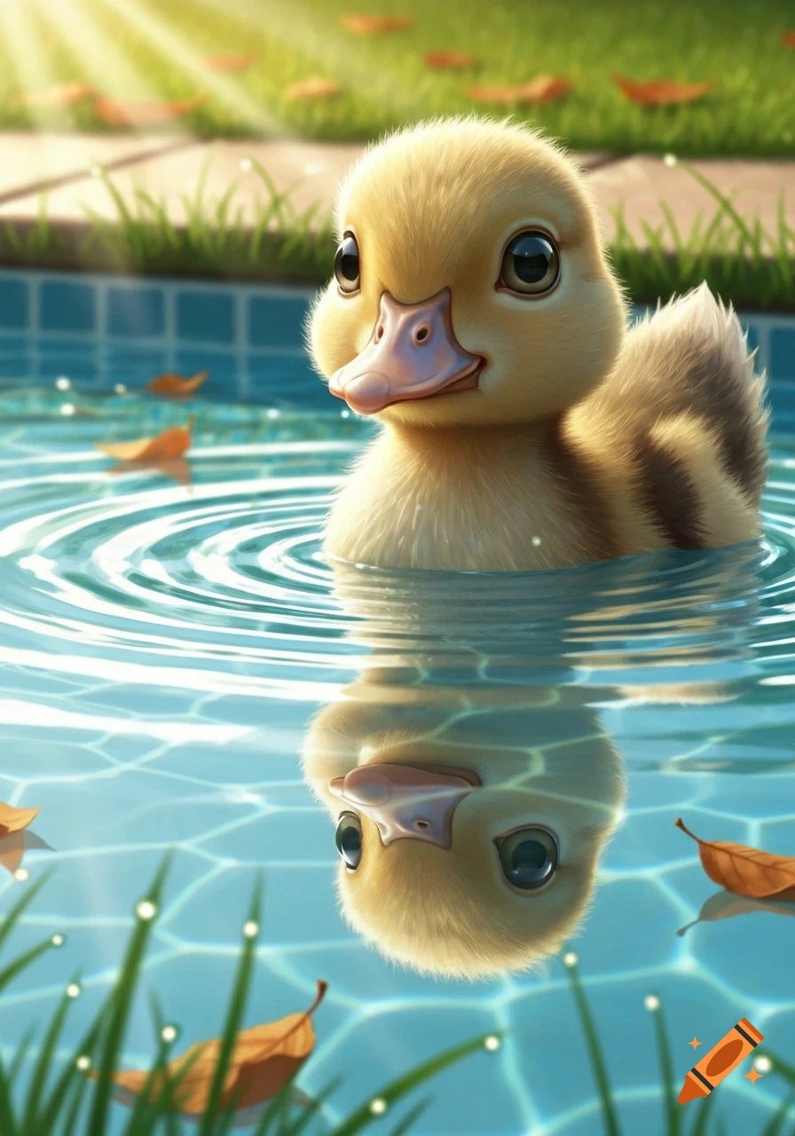 A fluffy yellow duckling floats in a swimming pool, looking at its reflection under sunlight with fallen leaves.