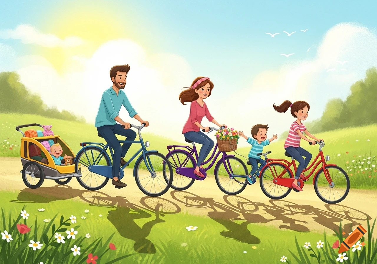 Cartoon family cycling on a sunny path: father with baby in trailer, mother with boy on tandem, and a girl on her own bike.