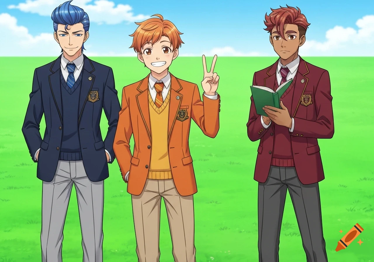 Three anime schoolboys stand on a green lawn. One in navy, one in orange giving a peace sign, and one in maroon holding a book.