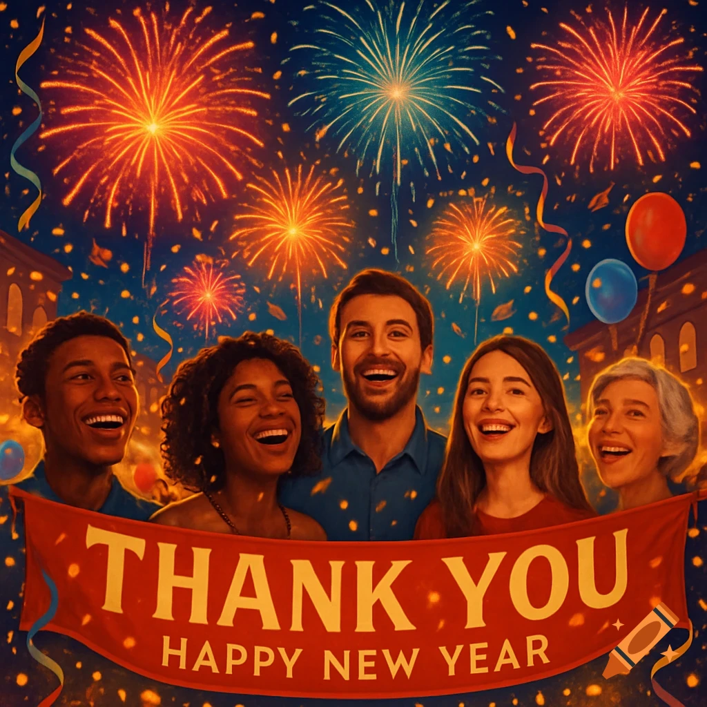 A diverse group of five smiling people under a fireworks display at night, holding a red banner that reads "THANK YOU HAPPY NEW YEAR".