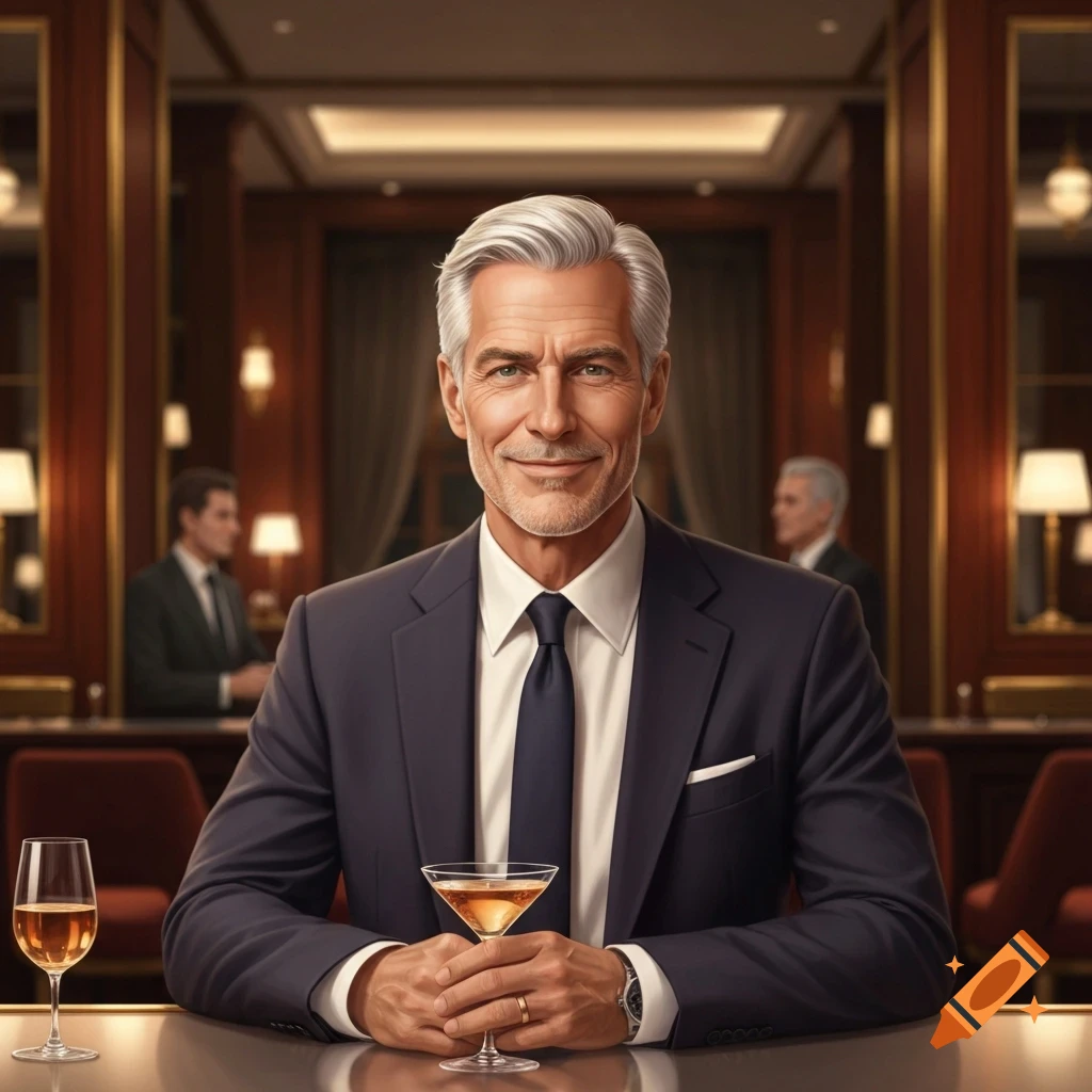 A smiling, distinguished man with grey hair in a dark suit holds a cocktail at a sophisticated bar.