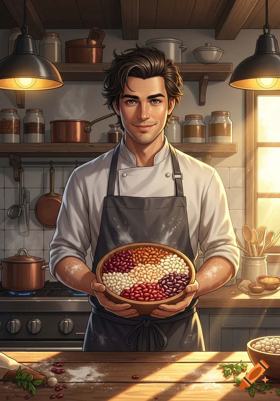 A smiling male chef in an apron holds a wooden bowl of various types of beans in a well-lit kitchen. Digital art style.