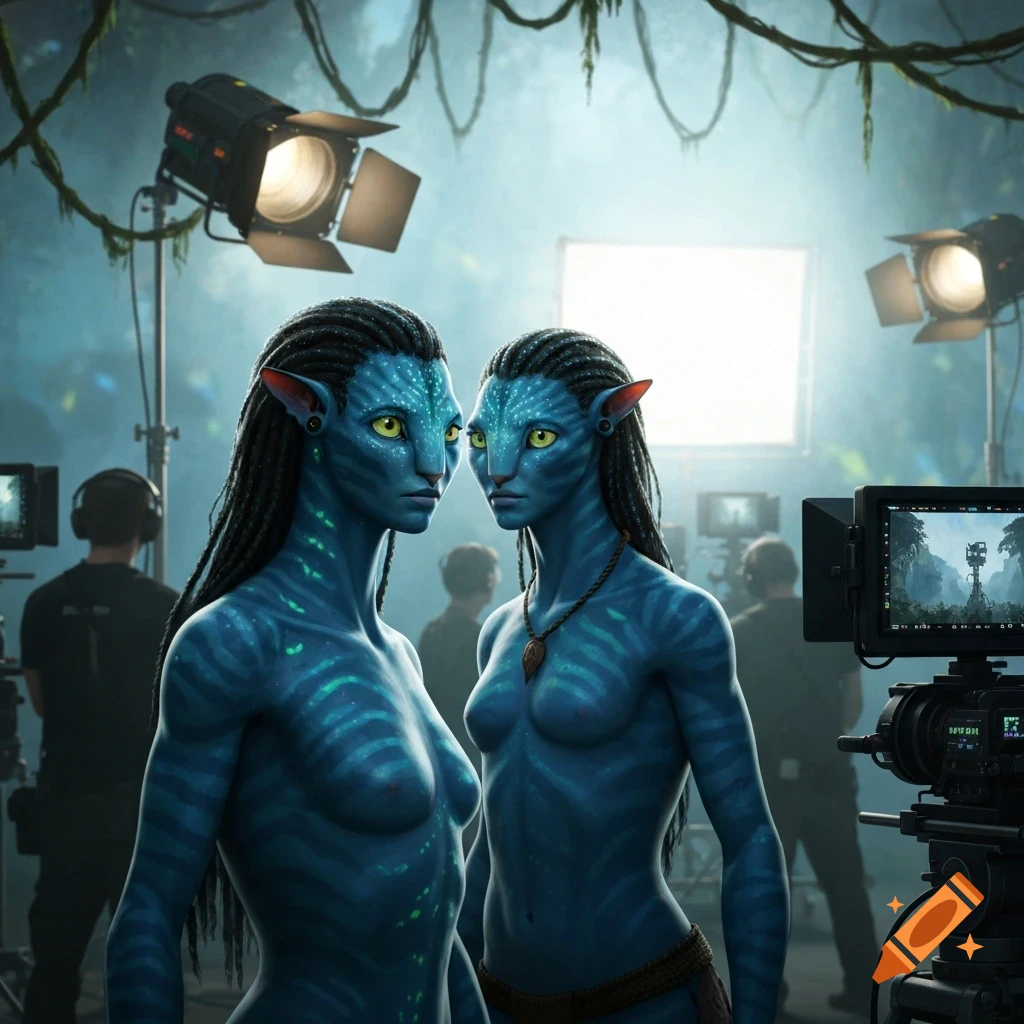 Two photorealistic Na'vi characters from Avatar stand on a film set with crew and lighting equipment.