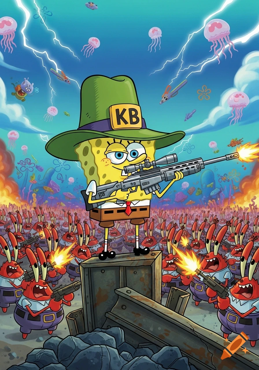 SpongeBob in a green 'KB' hat and a sniper rifle leads an army of armed Mr. Krabs characters in a chaotic battle scene with explosions and lightning.