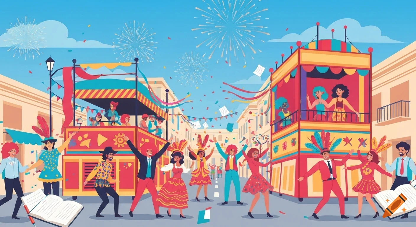 Colorful flat illustration of a Spanish carnival parade with dancing people in costumes, festive floats, confetti, and fireworks.