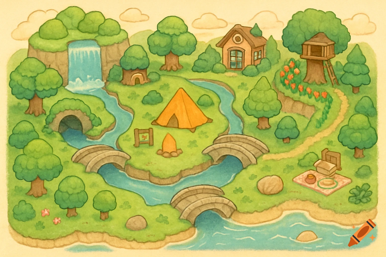 A charming, isometric Animal Crossing-style map with a river, bridges, waterfall, house, treehouse, tent, and picnic spot.