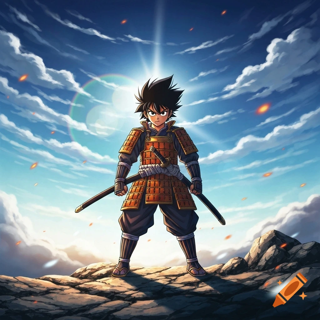 A young anime-style samurai in armor stands on rocky ground, holding two katanas under a bright, cloudy sky.