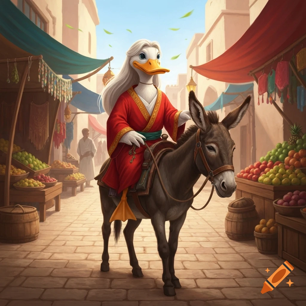 A white-feathered duck person with long white hair and a red robe rides a donkey through a bustling marketplace with fruit stalls.