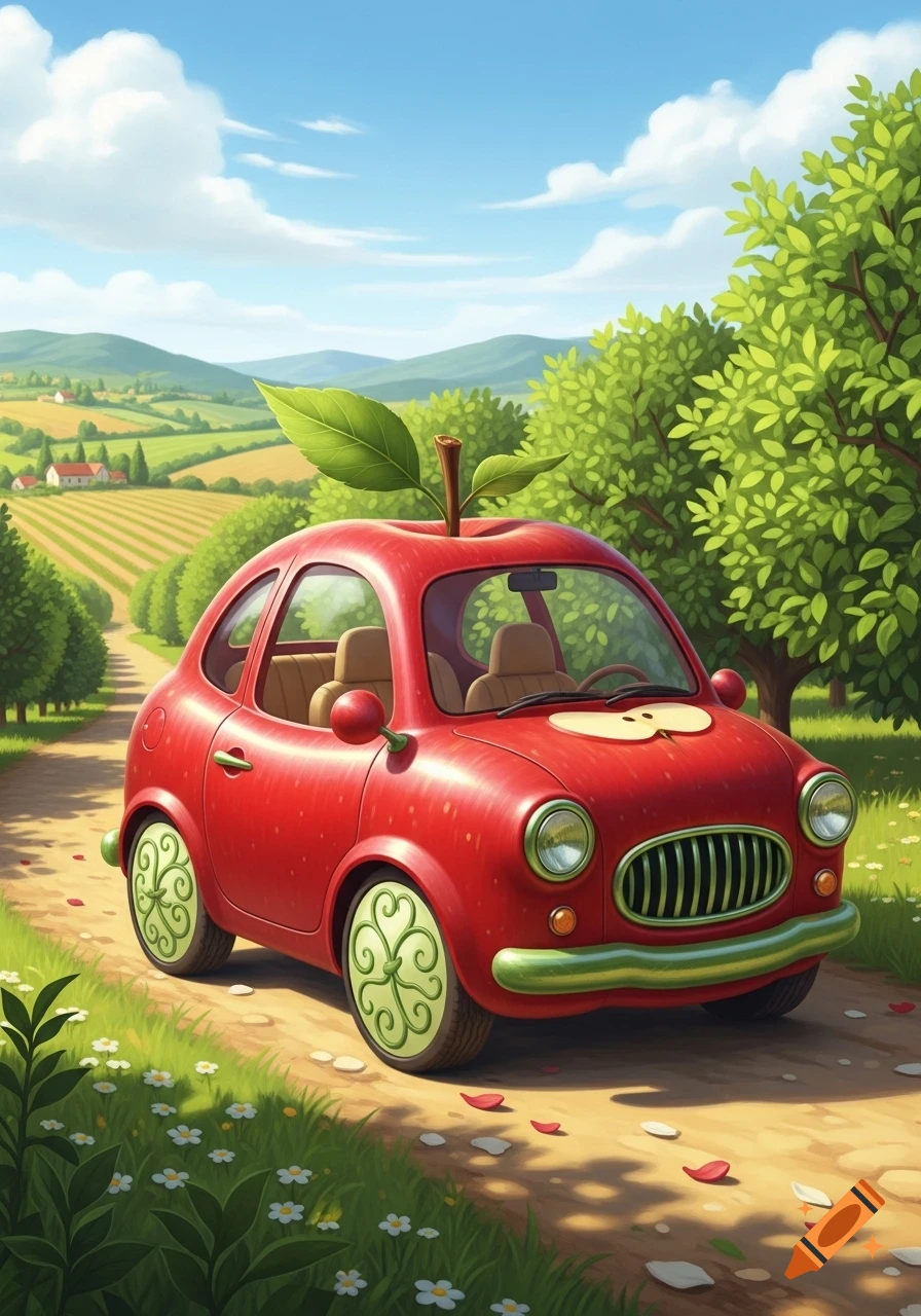 Vibrant cartoon of a red apple-shaped car with green leaf-patterned wheels on a dirt road in a sunny, green rural landscape.