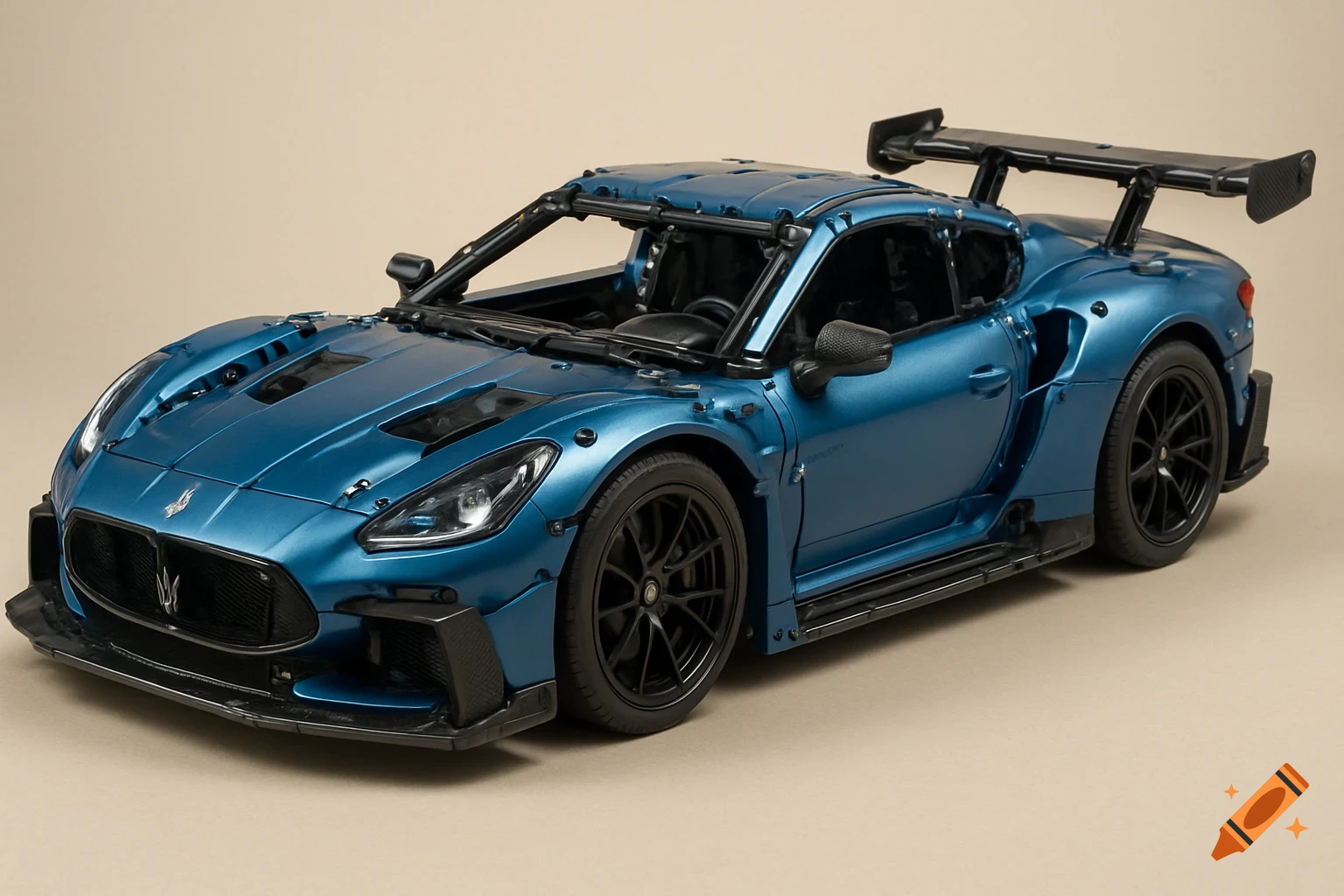 Detailed blue LEGO Technic Maserati GT2 Stradale model car with a large rear spoiler on a beige background.
