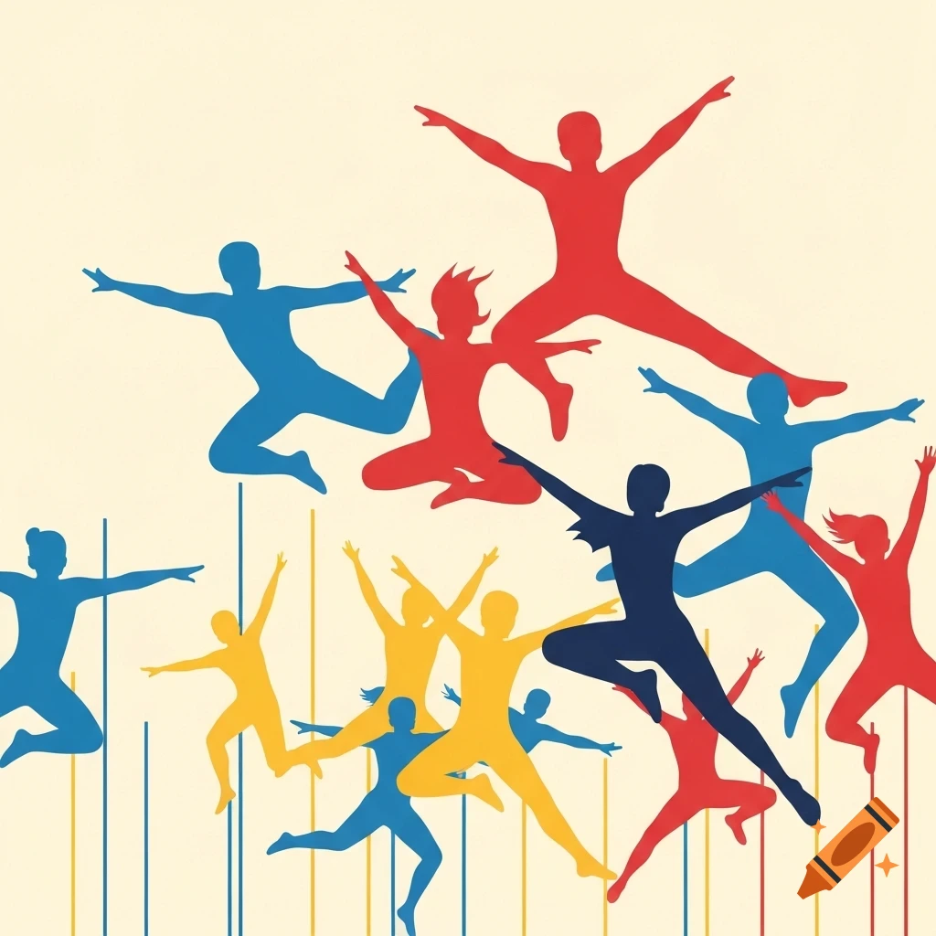 Flat graphic of numerous red, blue, and yellow stylized figures leaping and dancing against a cream background with vertical lines.