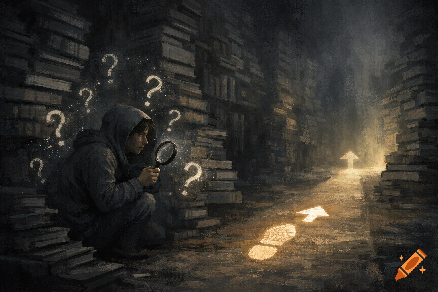 A hooded figure holding a magnifying glass among dark book stacks, surrounded by glowing question marks and following a bright path. Digital painting.