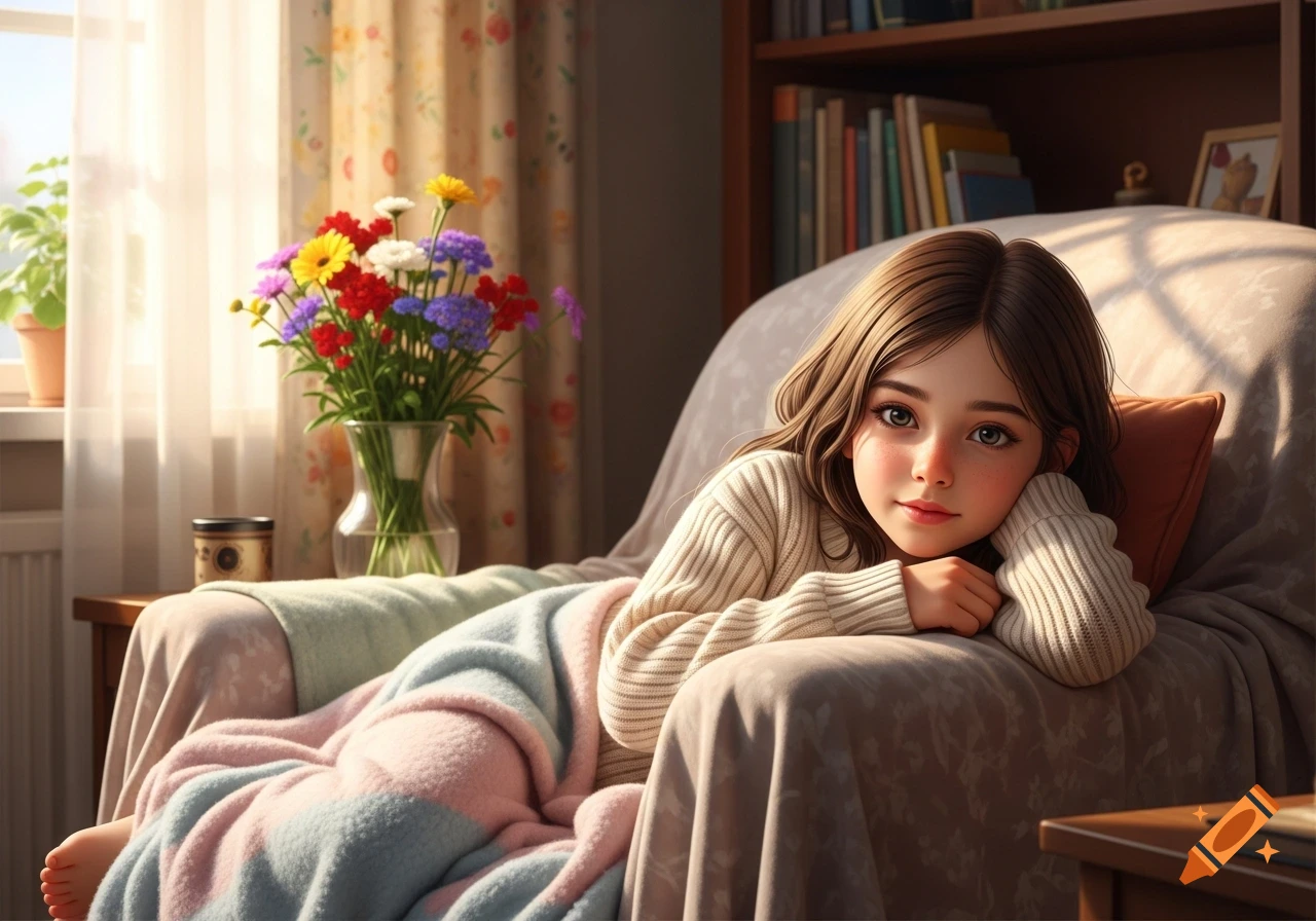 A young girl with brown hair in an illustrative style, lying on a couch with a blanket in a sunlit room with flowers.