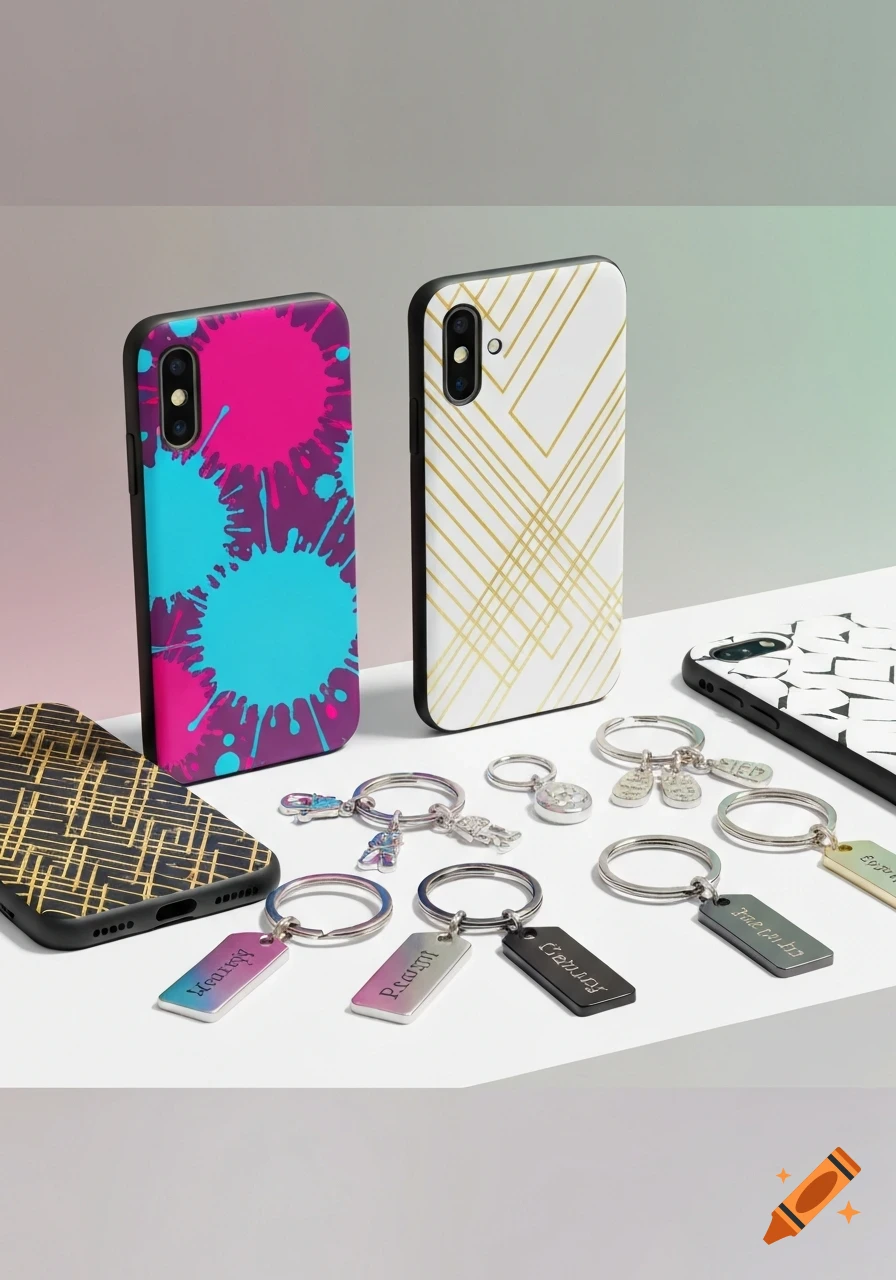 Assortment of colorful phone cases and metallic keychains with custom designs and some illegible text.