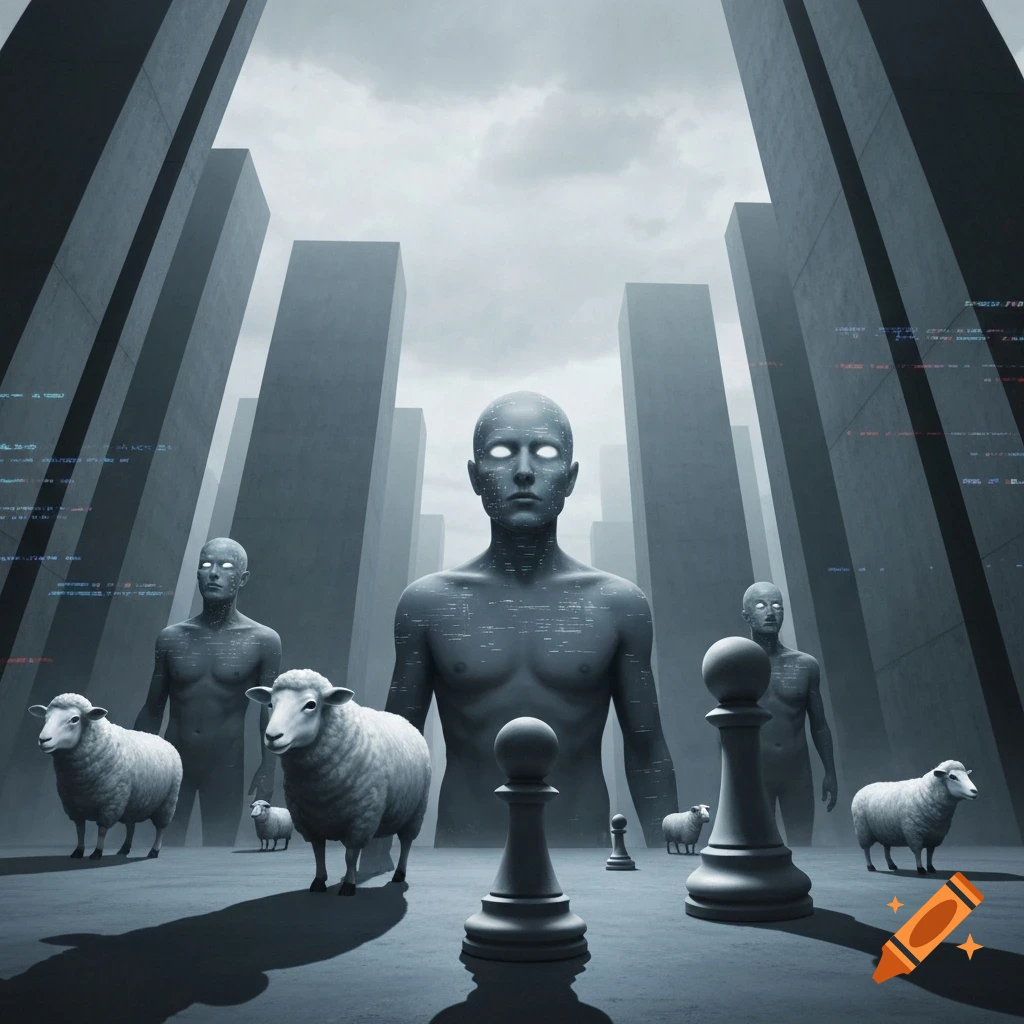 Monochrome scene with multiple humanoid figures covered in glowing circuit patterns and white eyes, standing among several sheep and chess pieces in a dystopian city of tall, dark, monolithic buildings under a cloudy sky.