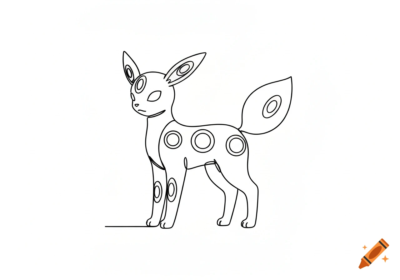 An ultra-minimalist single-line black tattoo design of the Pokémon Umbreon with ring markings on a white background.