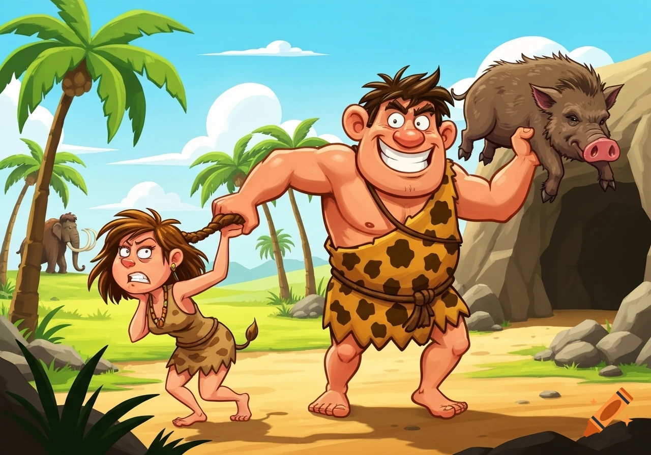 A humorous cartoon of a smiling caveman holding a boar and dragging an annoyed cavewoman by her hair in a sunny prehistoric landscape.