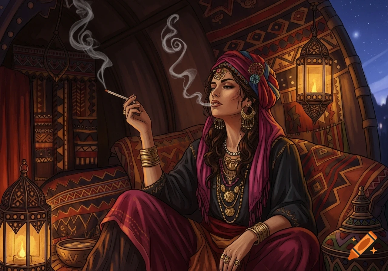 Illustration of a woman in an ornate headscarf and jewelry, smoking a cigarette inside a colorful tent with lanterns at night.