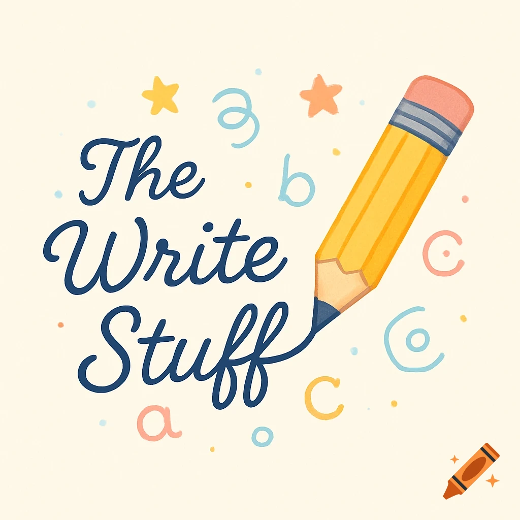 A cheerful logo for 'The Write Stuff' program, featuring a yellow pencil, blue cursive text, and colorful decorative letters and stars on a light background.