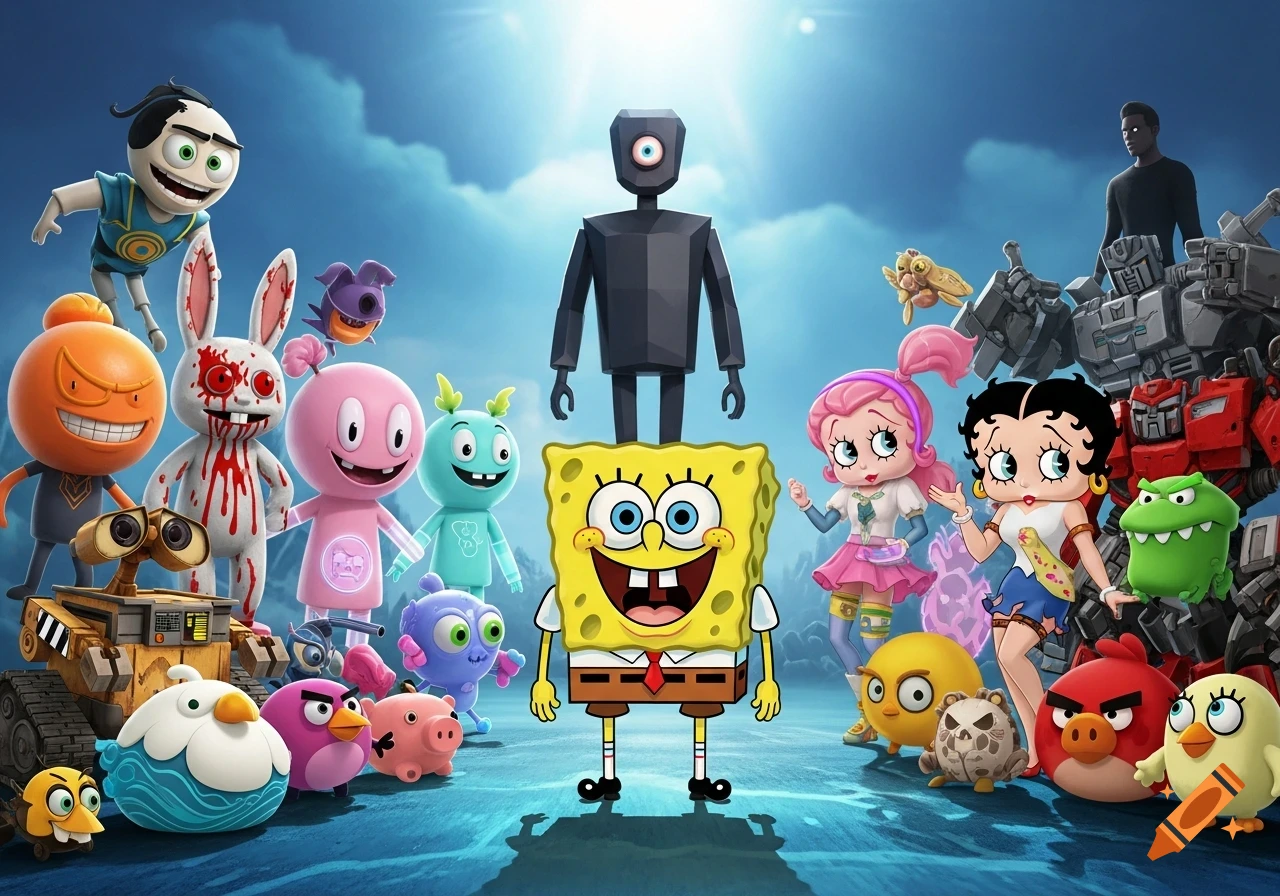 A colorful 3D rendered image of many cartoon and game characters including SpongeBob, WALL-E, Betty Boop, Angry Birds, Annoying Orange, a bloody rabbit, and Transformers parts, gathered in a bright outdoor setting.