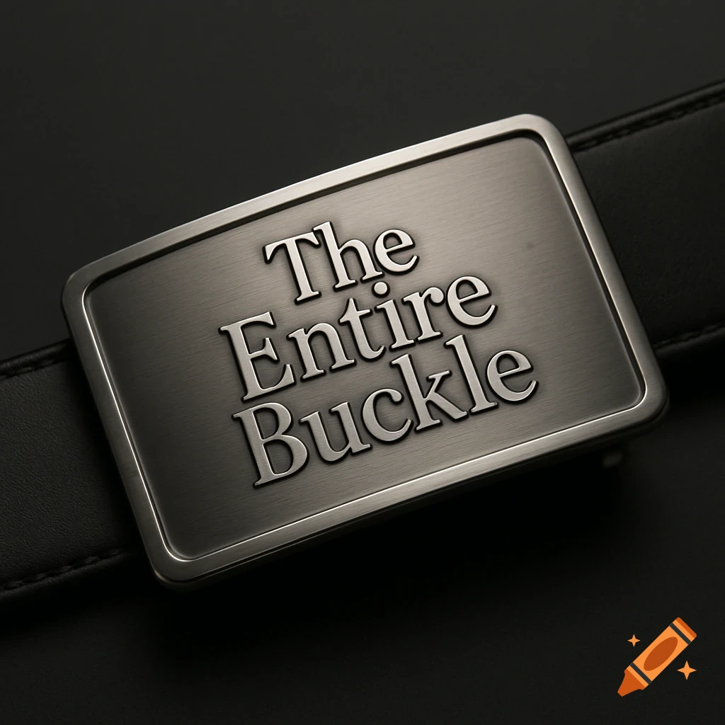 A close-up of a rectangular brushed metal belt buckle engraved with 'The Entire Buckle' on a black leather belt.