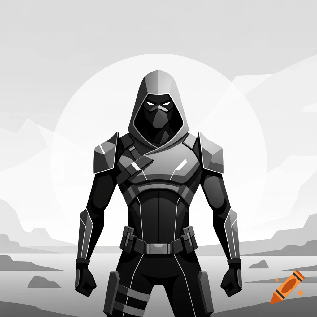 A minimalist, monochrome illustration of a hooded, armored assassin character standing against a bright, mountain-filled background.
