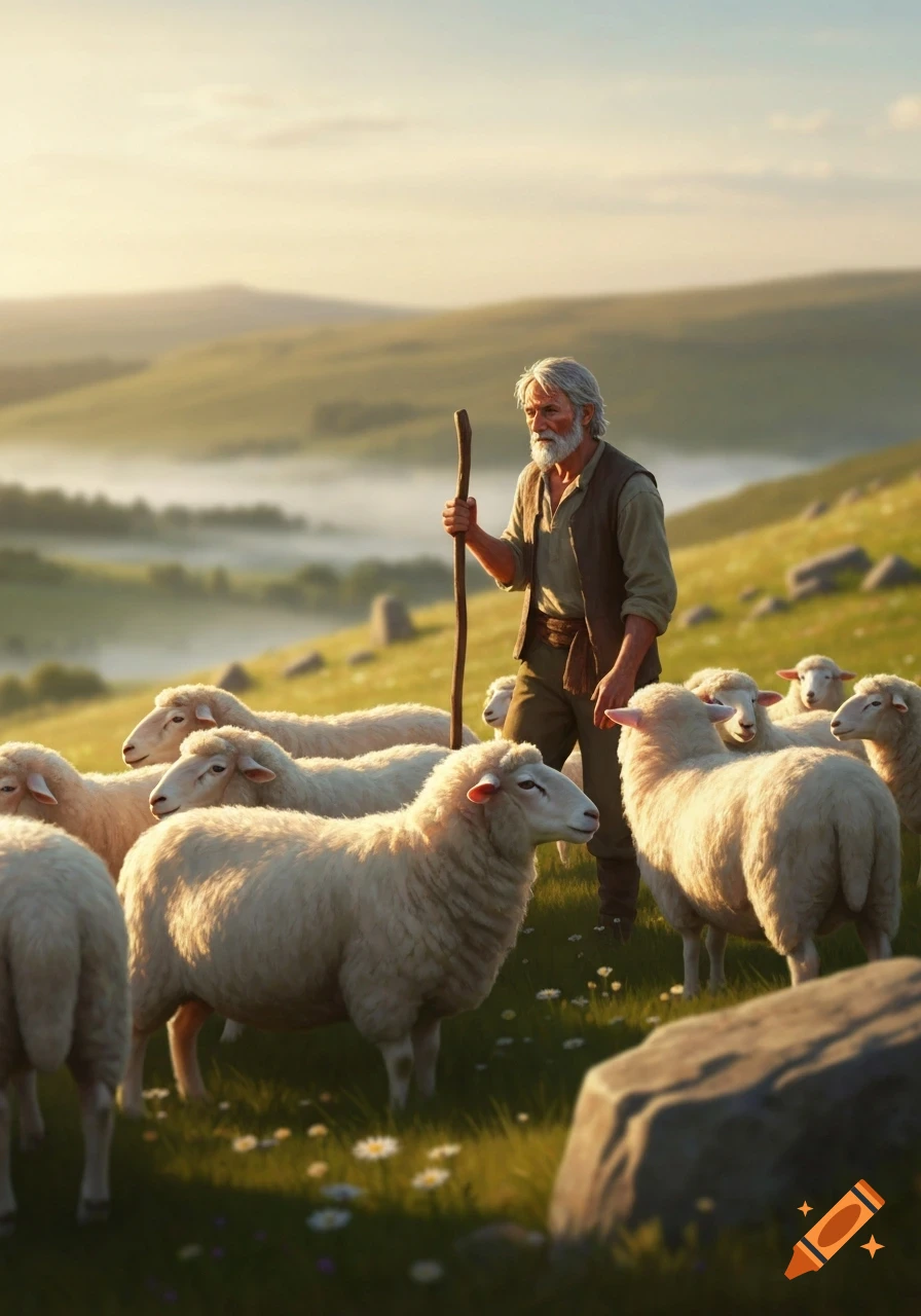An old shepherd with a staff stands among a flock of sheep on a grassy hillside, bathed in the warm light of sunset.