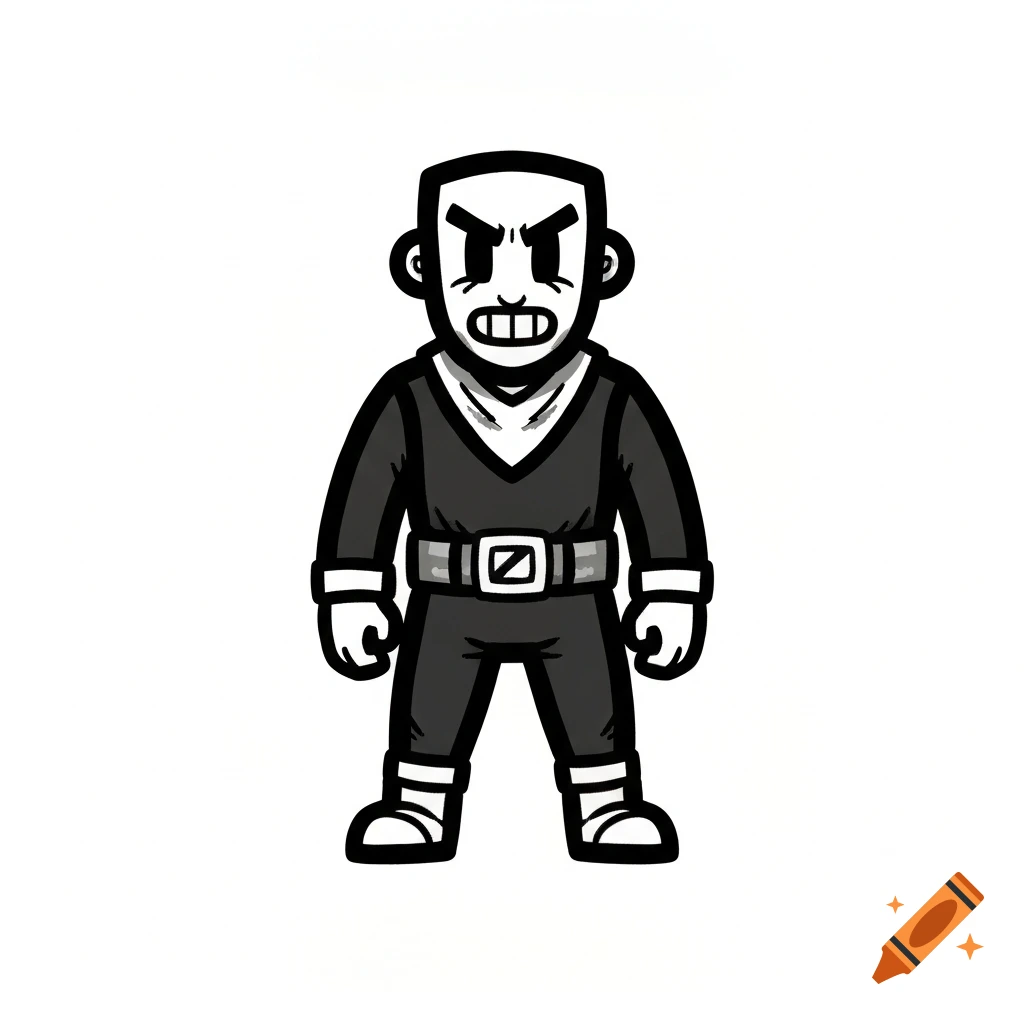A stylized, monochrome character sprite with an angry expression, wearing a dark outfit and a belt with a square buckle.