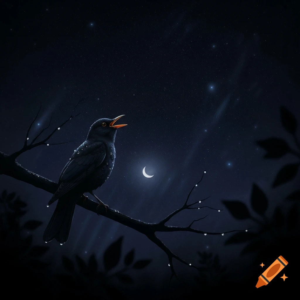 A stylized blackbird sings on a dew-covered branch under a starry night sky with a crescent moon.