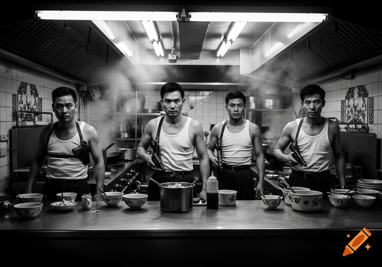 Four men in tank tops and holsters with pistols in a smoky, bustling commercial kitchen, black and white.