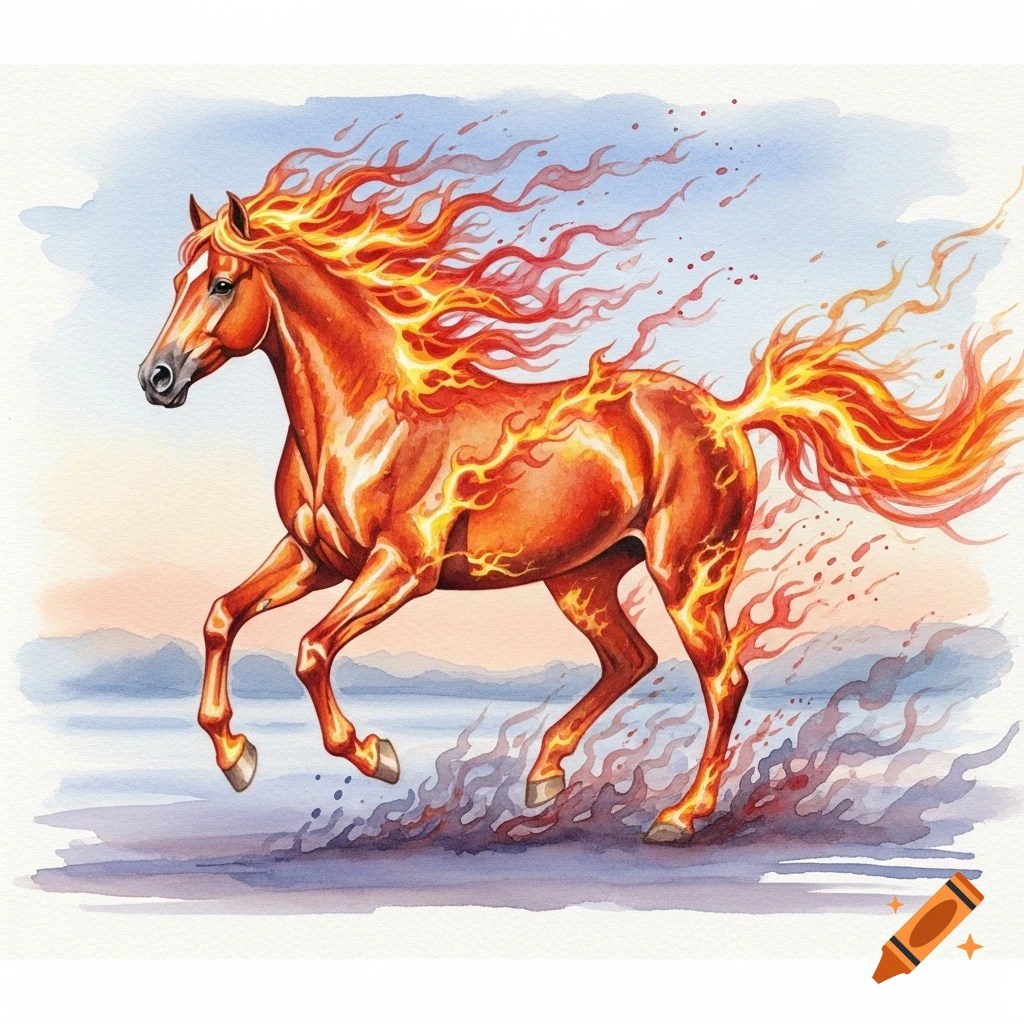 Watercolor painting of a fiery horse with a flaming mane and tail ...