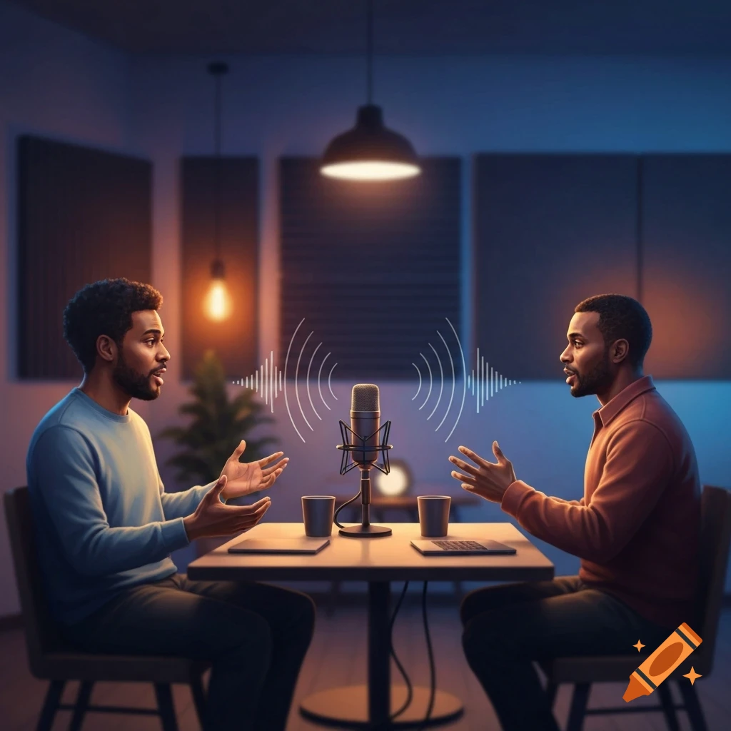 Two men having a conversation in a podcast studio with a microphone between them.