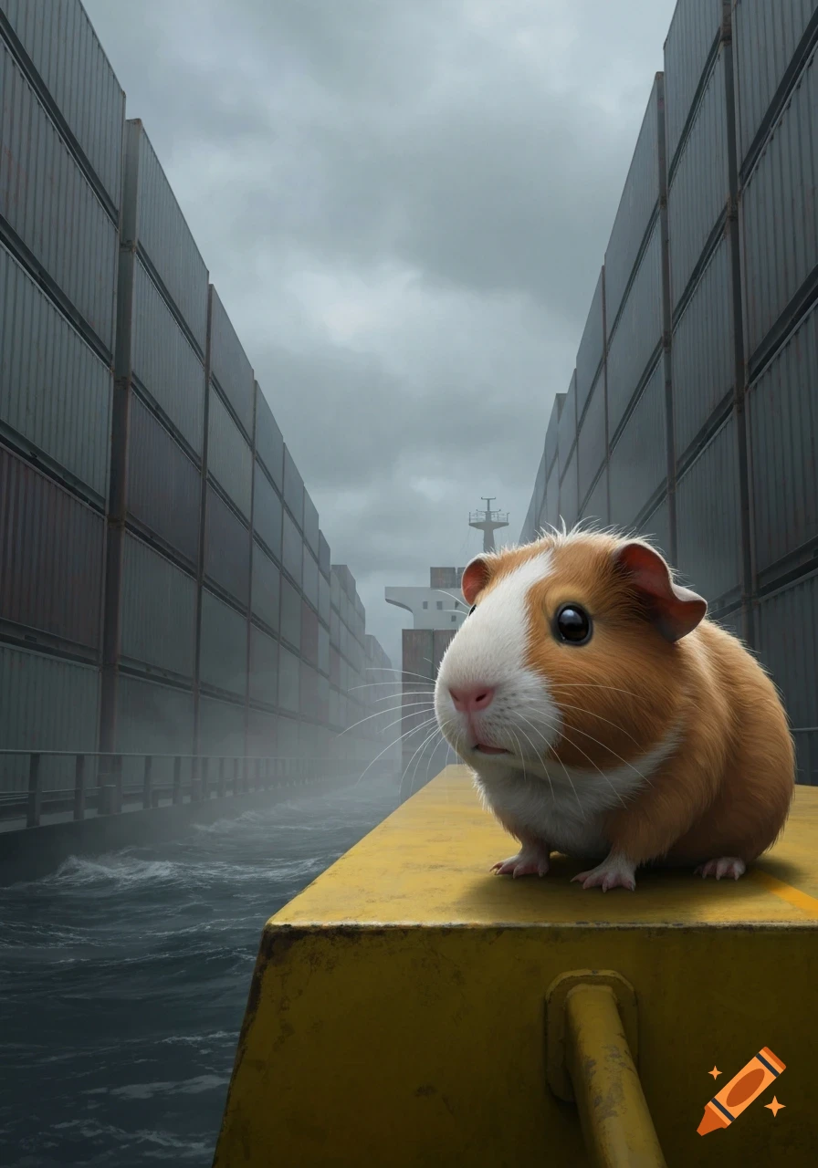 Photorealistic guinea pig on a yellow container ship deck, surrounded by stacks of containers, stormy sea, and cloudy sky.