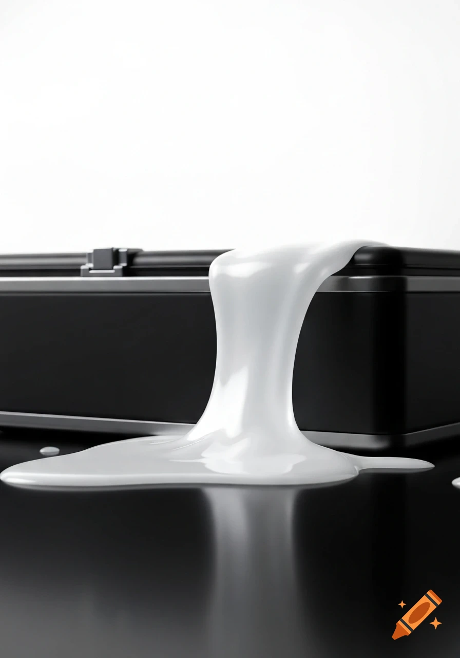 White liquid spilling from a black briefcase onto a reflective dark surface in a minimalist composition.