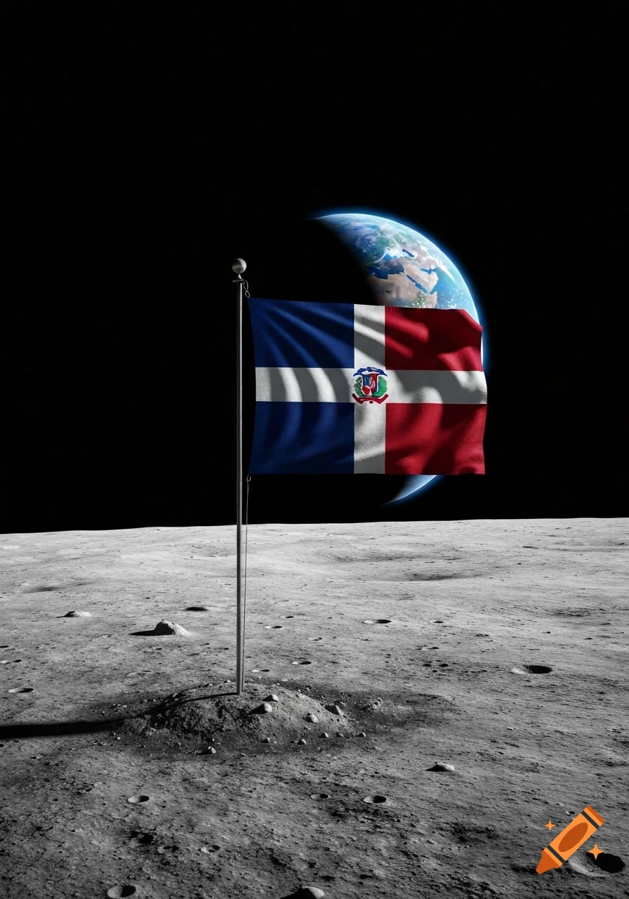 A photorealistic depiction of the Dominican Republic flag planted on the surface of the moon, with Earth visible in the dark background.