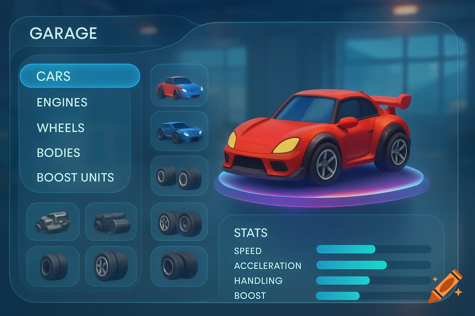 A stylized video game garage UI showing a red cartoon car on a glowing platform, with menu options and car stats.