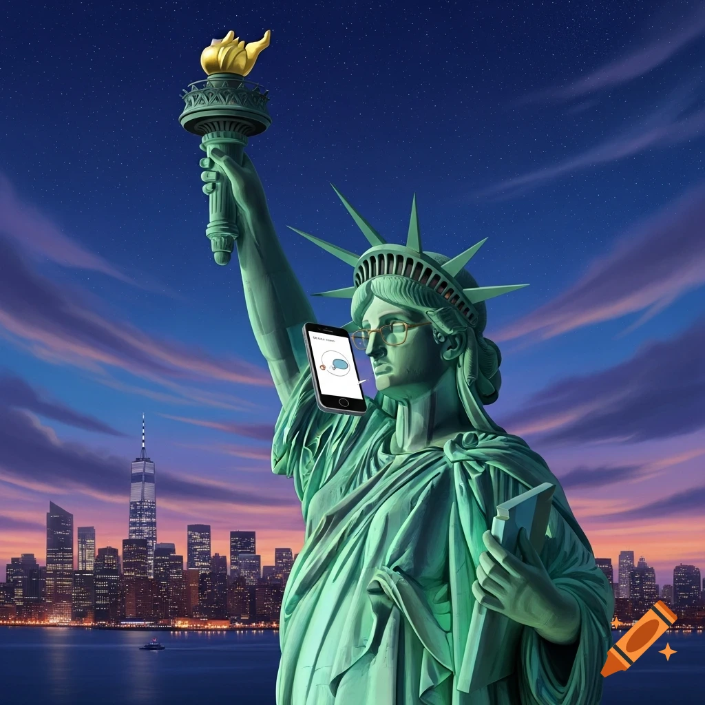 Statue of Liberty wearing glasses and holding a smartphone to its head, against a New York City skyline at dusk, in an illustrative style.