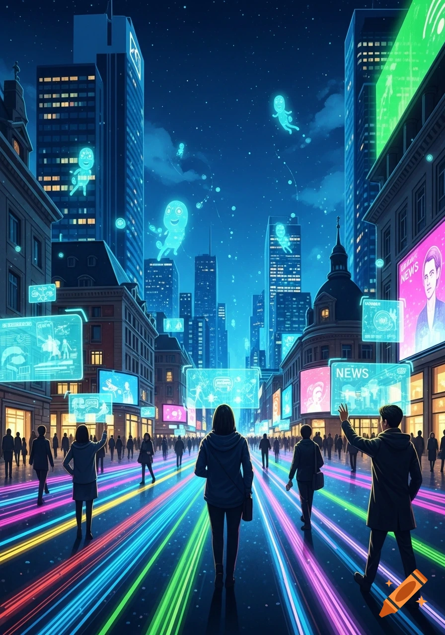 A futuristic city street at night, with people walking on colorful light trails, surrounded by tall buildings, glowing billboards, and floating blue holograms.