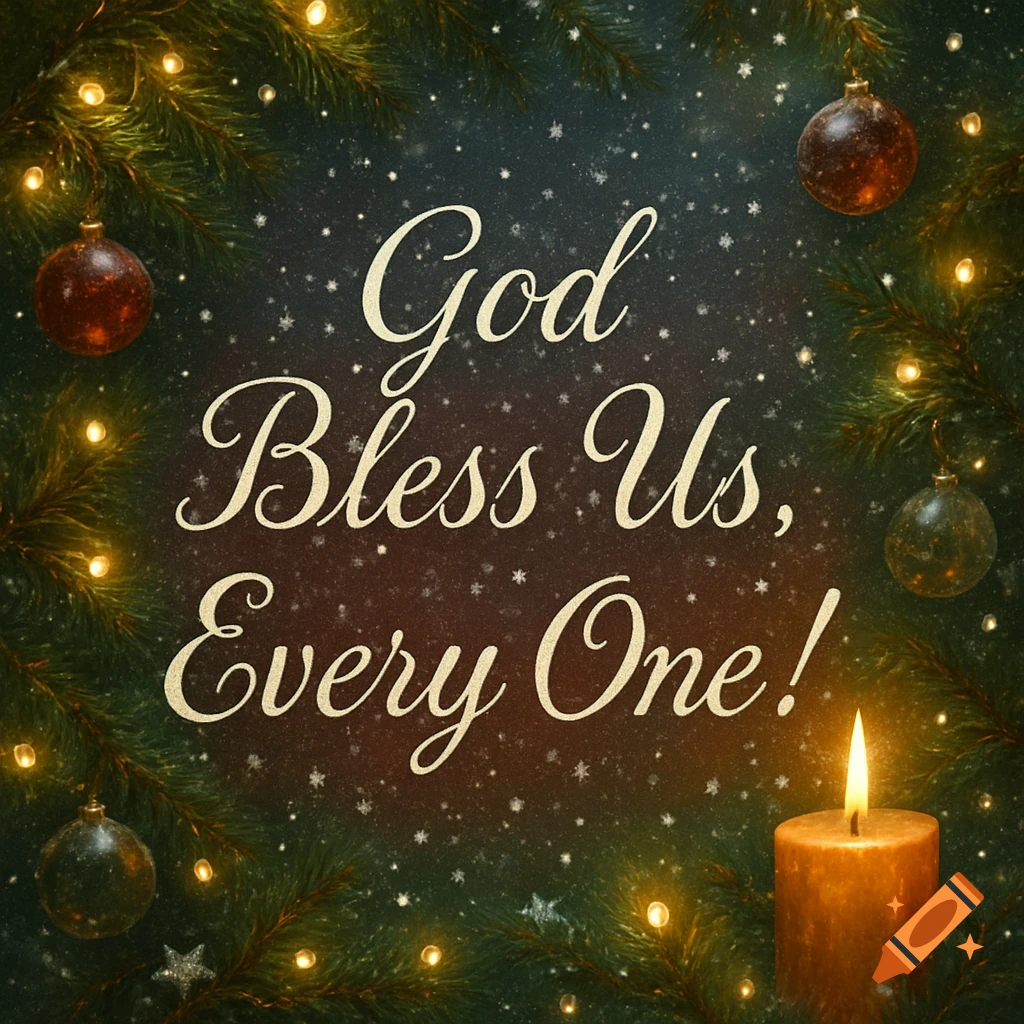 Christmas frame of pine branches, lights, ornaments, and a lit candle, with text 'God Bless Us, Every One!' against a snowy background.