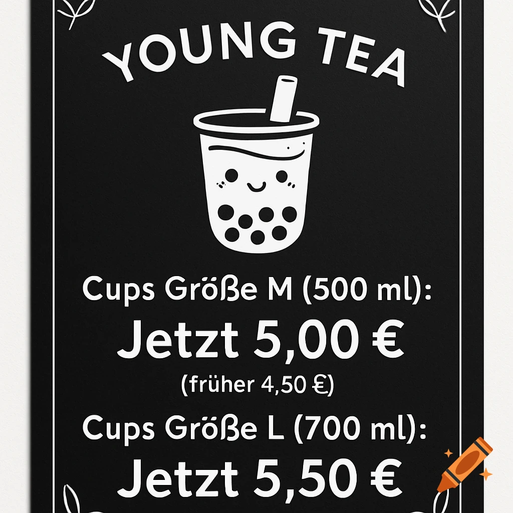 Black and white sign for Young Tea bubble tea, showing prices for medium and large cups, with a cartoon boba drink.