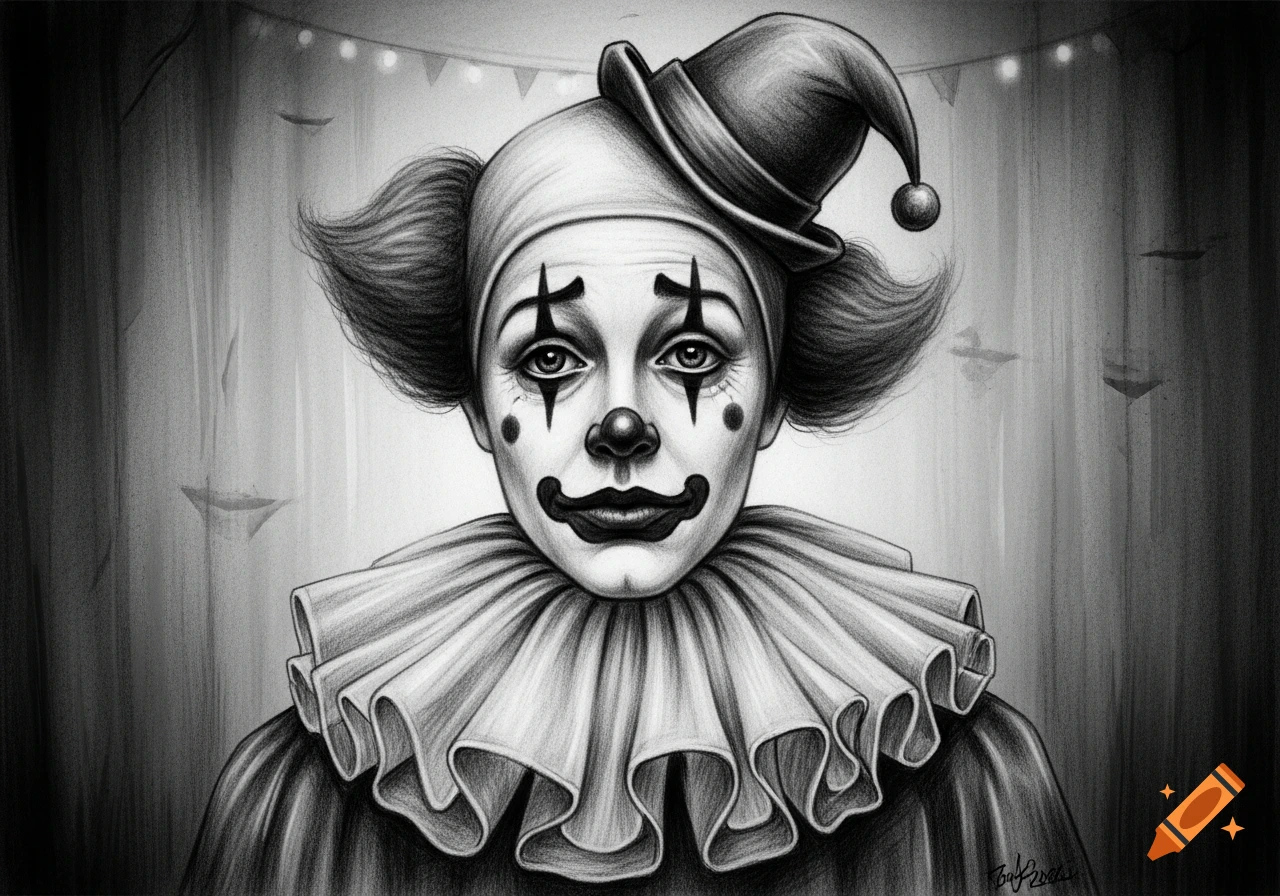 Black and white pencil drawing of a clown wearing face paint, a ruffled collar, and a jester's hat, looking directly forward.