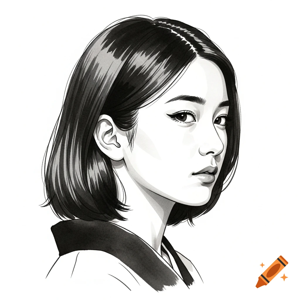 Black ink wash portrait of a young Japanese woman with short dark hair, delicate strokes, and subtle gray shading.