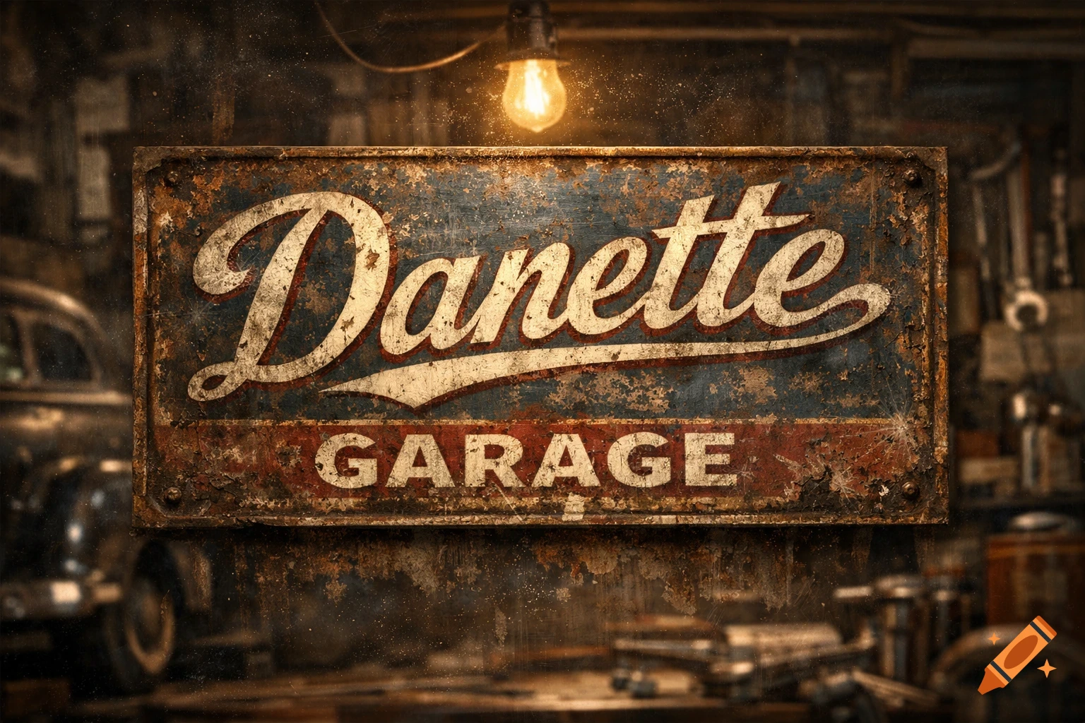 A rusty, vintage-style sign for 'Danette Garage' hangs in a dimly lit, cluttered garage with an antique lightbulb.