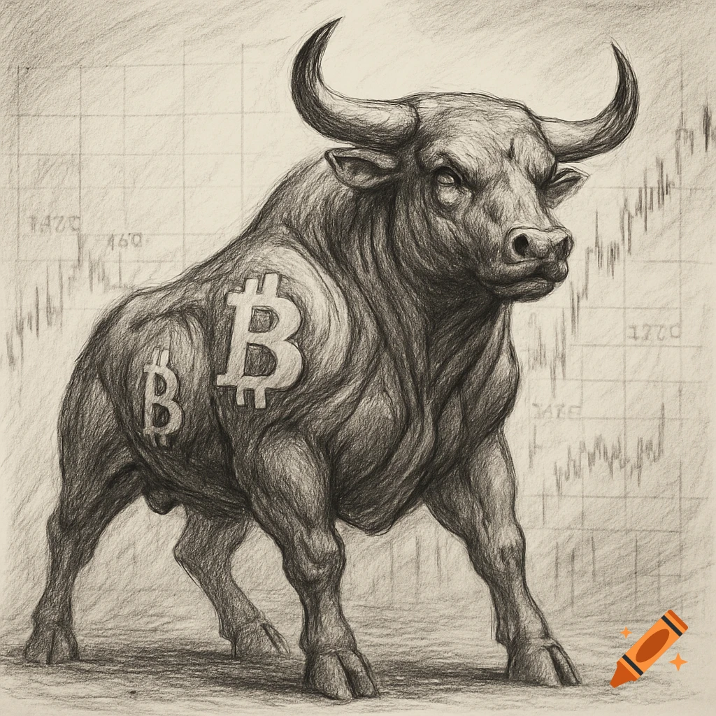A graphite sketch of a powerful bull with two Bitcoin logos on its side, standing in front of a financial chart with data.