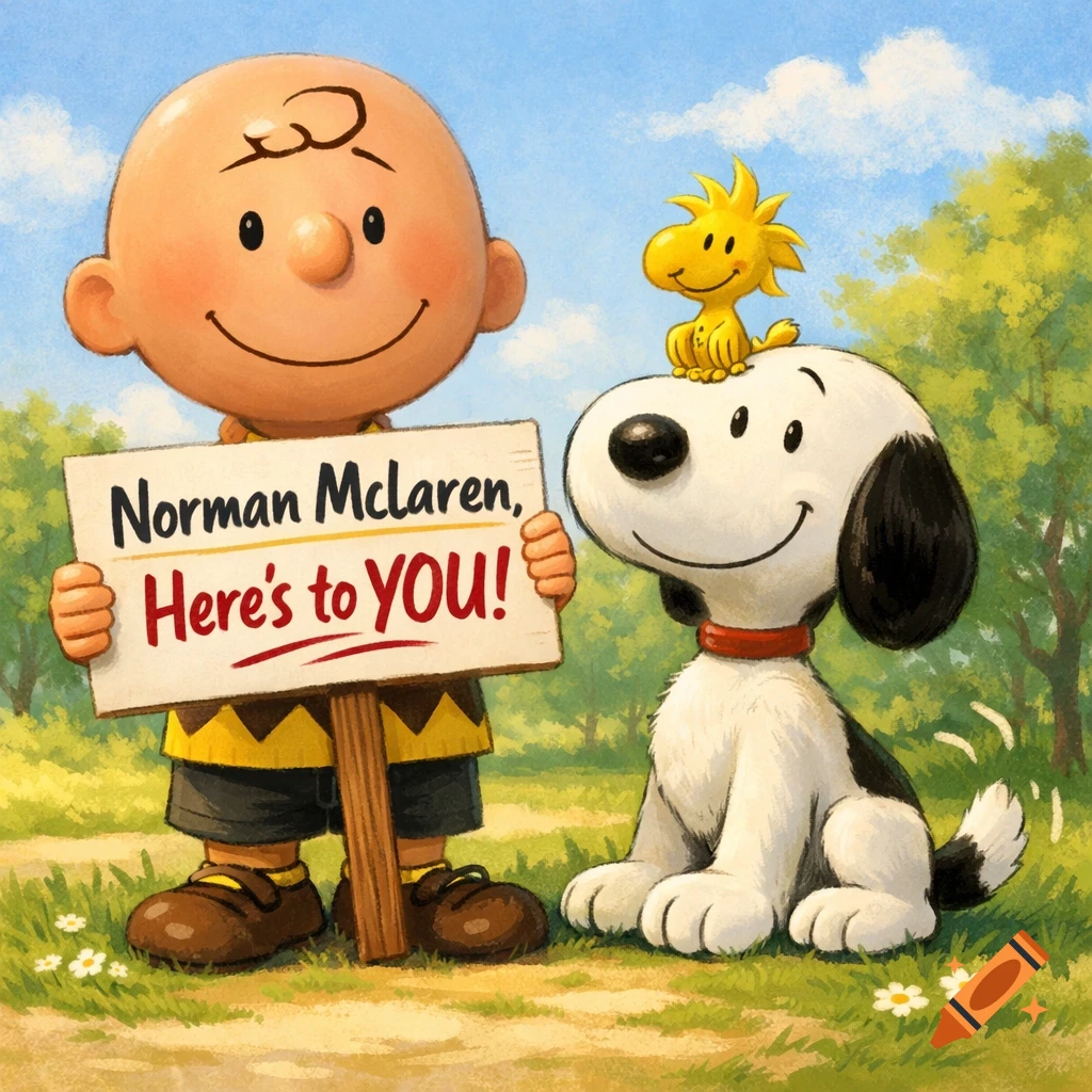 Charlie Brown, Snoopy, and Woodstock in a cartoon illustration, with Charlie Brown holding a sign saying 'Norman McLaren, Here's to YOU!' in a park.