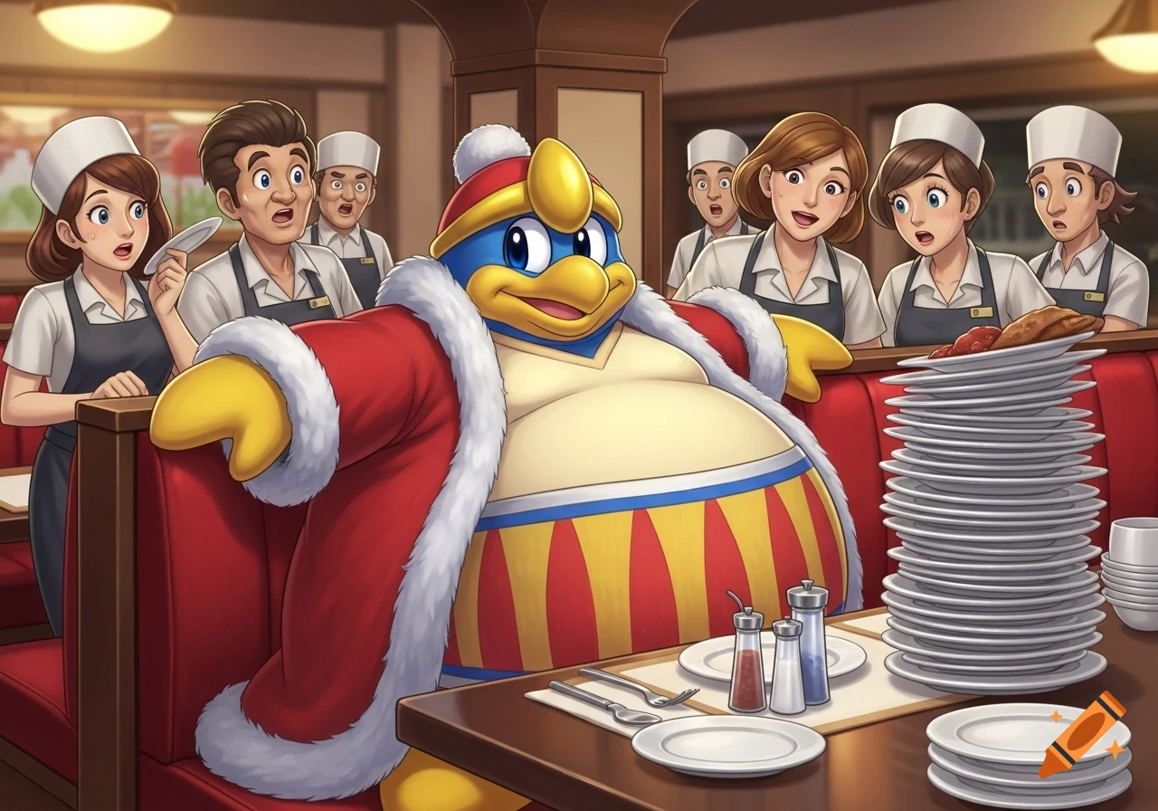King Dedede with a huge belly sits at a restaurant table stacked with empty plates, as surprised staff look on.