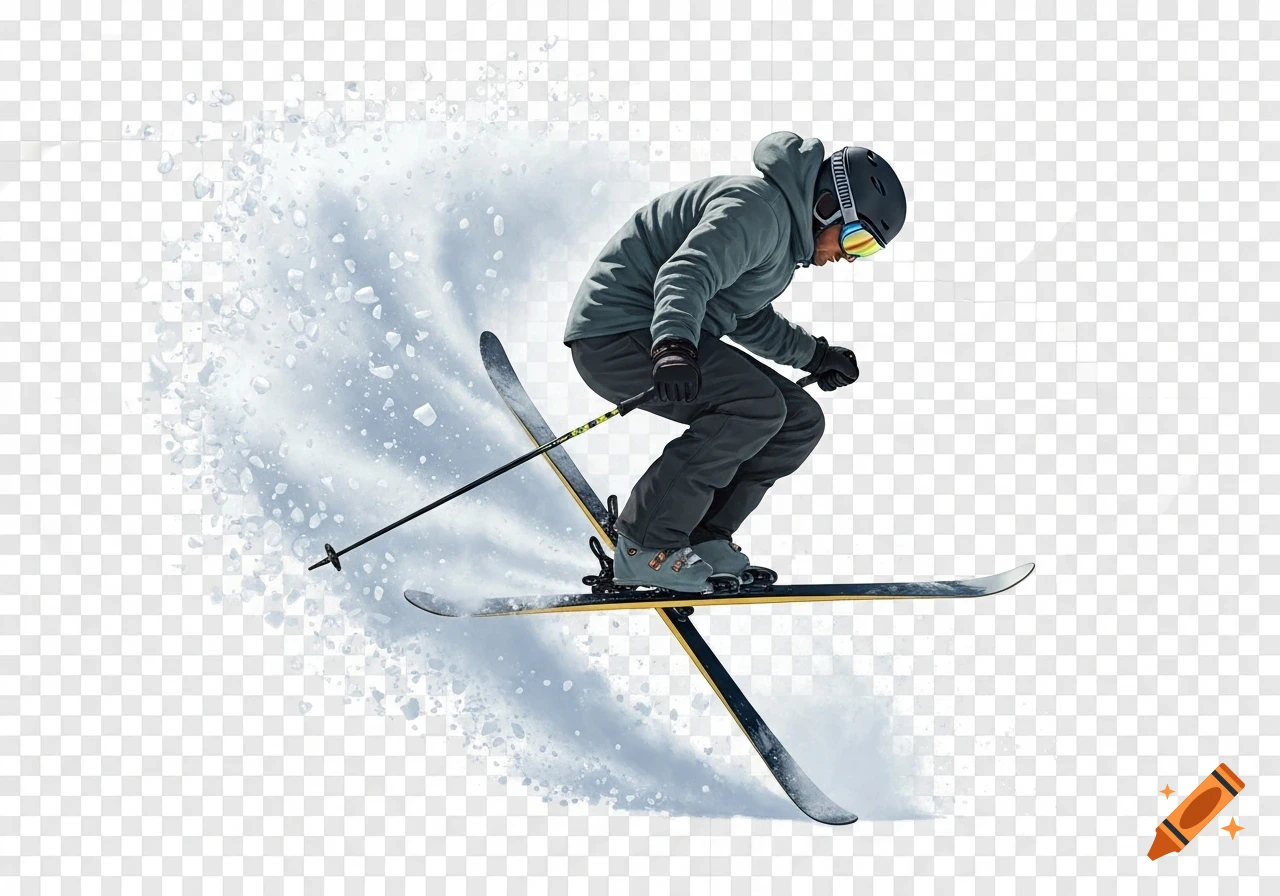 A photorealistic skier wearing a gray jacket and helmet, in a dynamic pose kicking up snow, on a transparent background.