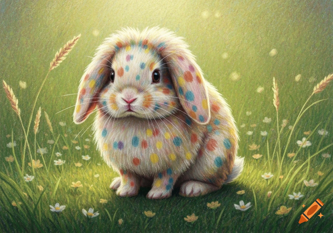 A fluffy white rabbit with colorful polka dots sits in a grassy field with wildflowers, drawn in a wax crayon illustration style.